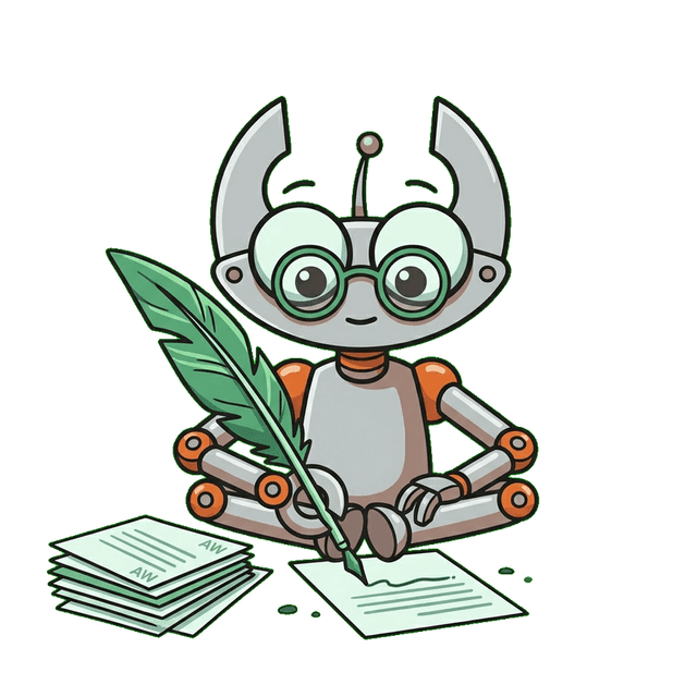 Claw character writing documents with a quill