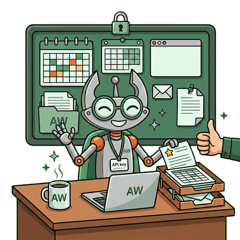 A calm, organized claw neatly managing calendar, docs, and email